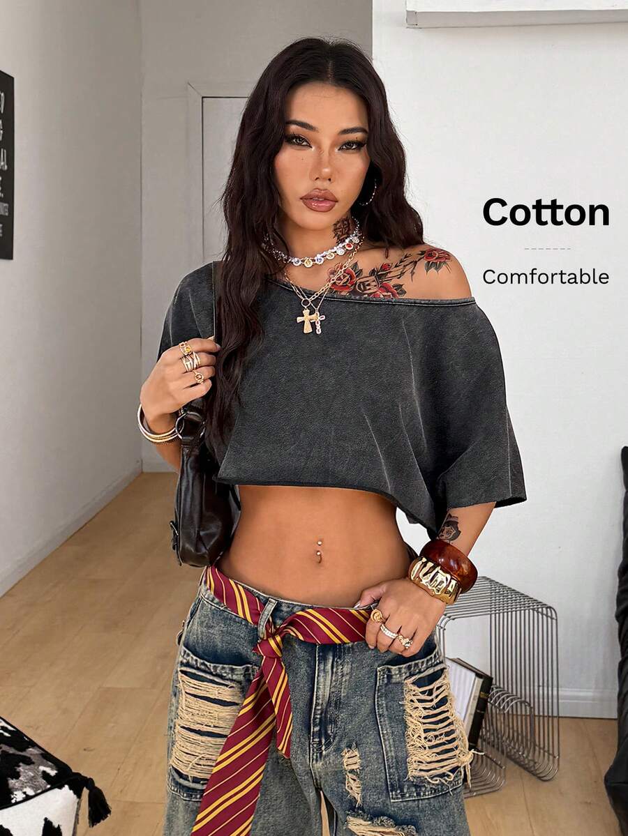 Coolane Áo thun nữ phong cách đường phố, đi chơi, thể thao, thường ngày, in họa tiết, trễ vai, dáng rộng, ngắn màu đỏ. - màu đen - Xem 1