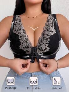 DesireSculpt 1pc Plus Size Wireless Lace Patchwork Front Closure Casual Comfortable Bra - Black - View 1