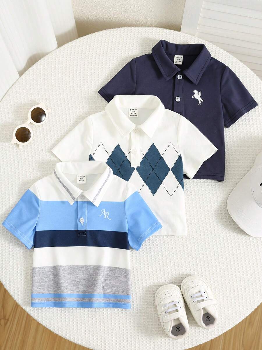 SHEIN 3件套男婴春夏时尚可爱条纹格子图案短袖polo衫、衬衫、针织上衣套装 - 藍色 - 查看 1