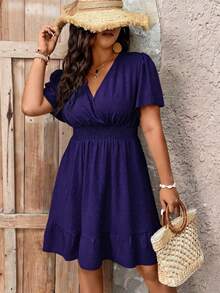 Ceyna 大码夏季休闲简约通勤纯色裹腰连衣裙 - 紫羅蘭色 - 查看 5