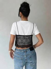 Aloruh Top d'été femme à manches courtes avec panneau en dentelle 2 en 1, Top ajusté col rond - Noir et Blanc - Voir 2