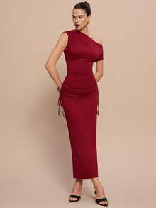 Leighera 秋季性感露肩修身抽绳长连衣裙 - 酒紅色 - 查看 2