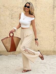 SHEIN Frenchy 女士弹力腰镂空直筒宽松休闲裤 - 杏色 - 查看 5