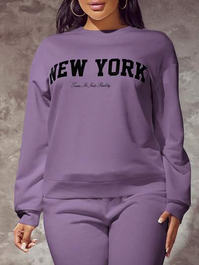 SHEIN SXY 大码休闲宽松圆领长袖厚款卫衣，紫色，秋冬