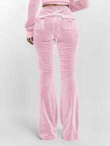MUSERA 抽绳系带褶皱前片低腰丝绒修身喇叭裤（仅裤子）性感外出夜游可爱街头风夏季休闲裤 - 淺粉色 - 查看 4