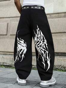 Manfinity EMRG Gothic Punk Style Men's Wide Leg Long Black Denim Jeans With Graphic Pattern And Zipper - Black - View 4