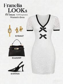 Franclia French Style Bow Lace Mini Dress - Black and White - View 1