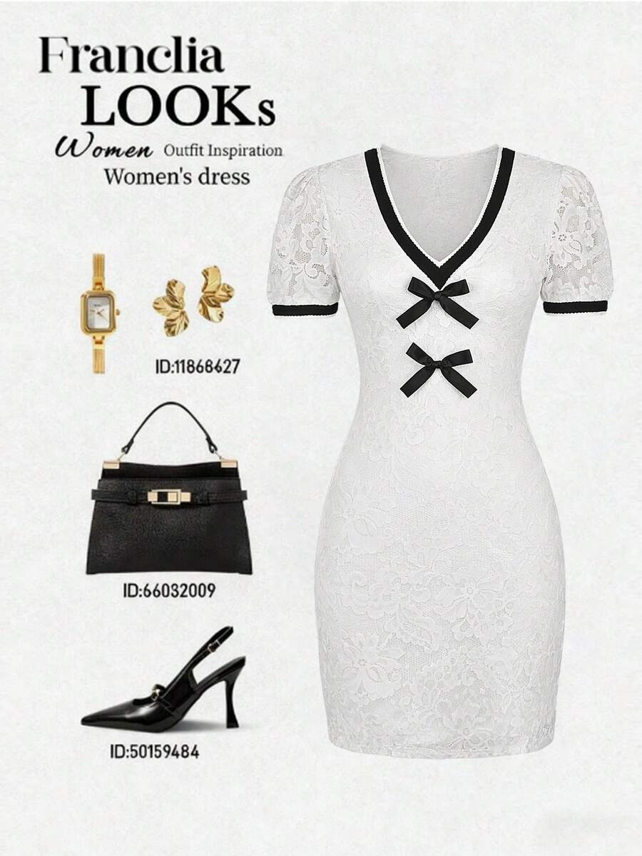Franclia French Style Bow Lace Mini Dress - Black and White - View 1