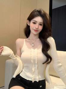 FRIFUL 两件套女士纯色荷叶边休闲舒适罗纹针织毛衣套装 春季 - 米色 - 查看 7