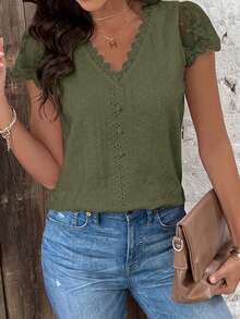 SHEIN Frenchy Women's Lace Patchwork Short Sleeve Textured Fabric Summer T-Shirt Olive Green Top - Army Green - View 4