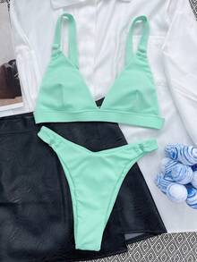 SHEIN Swim Summer Beach Rib Ring Linked Bikini - Mint Blue - View 4