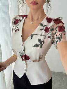 DAZY 女士印花V领衬衫，夏季，婚礼宾客礼服 - 杏色 - 查看 1