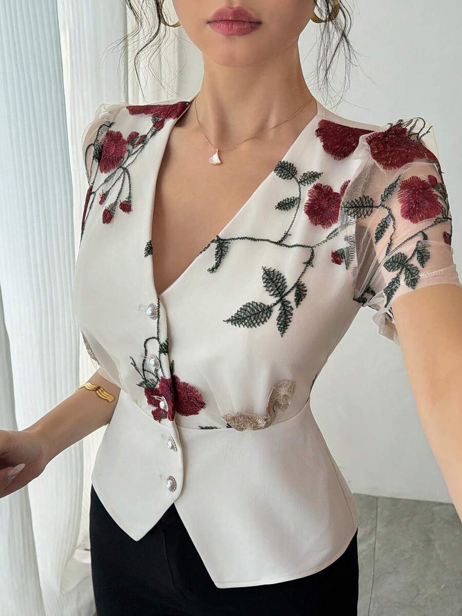 DAZY 女士印花V领衬衫，夏季，婚礼宾客礼服 - 杏色 - 查看 1