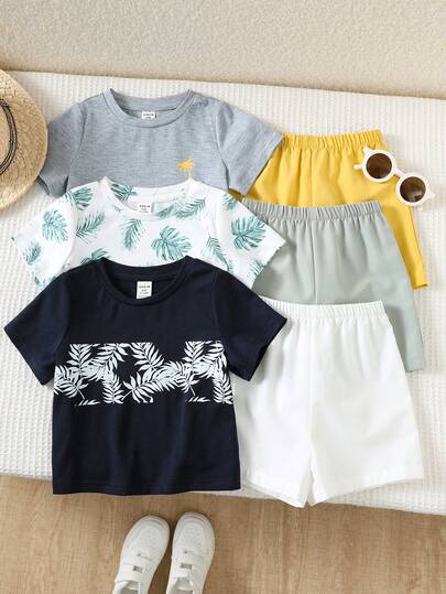 SHEIN 6件套男女宝宝休闲日常百搭时尚撞色热带植物夏威夷印花短袖T恤和针织短裤套装，适合春夏季节、日常穿着、运动、郊游、校园活动、聚会、节日庆典、摄影、度假、海滩、返校季等场合。