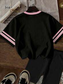 少女休闲简约数字67印花圆领短袖T恤，适合夏季穿着 - 彩色 - 查看 2