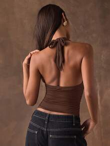 SHEIN BAE Áo hai dây mùa hè gợi cảm dành cho nữ, kiểu dáng tối giản, màu trơn, xếp ly, hở lưng, buộc dây phía trước. - Cà phê nâu - Xem 2