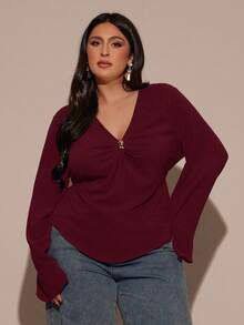 SHEIN BAE Atasan Lengan Panjang Berkerut Leher V untuk Wanita Ukuran Besar, Musim Gugur/Dingin - Burgundy - View 5