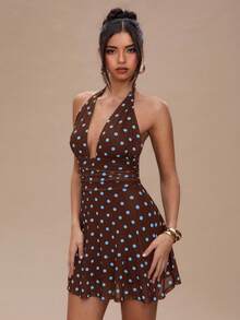 SHEIN BAE Vestido mini de verano para mujer con estilo sexy de vacaciones, con estampado de lunares, cintura fruncida, espalda descubierta y cuello con lazo - Marrón Chocolate - Ver 5