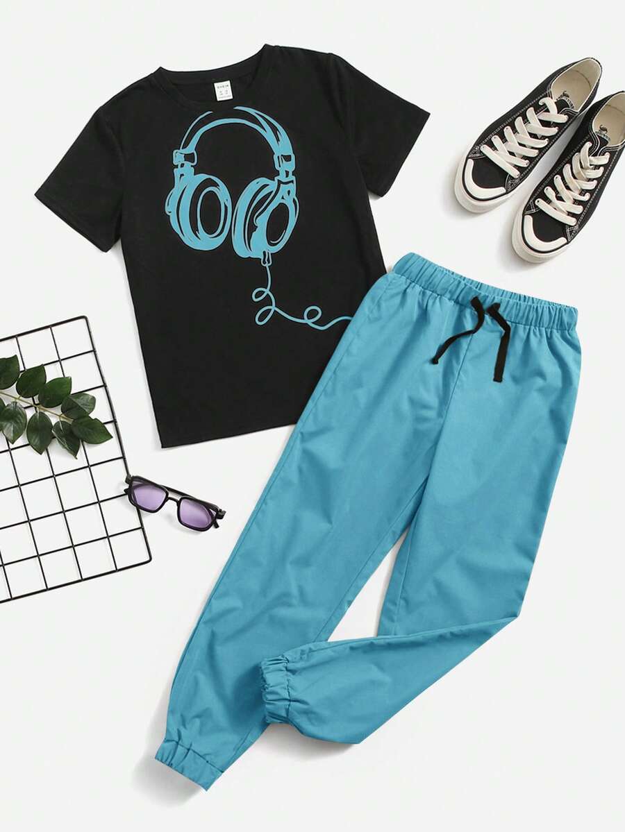 SHEIN 2pcs Tween Boy Headphone Print T-Shirt And Pants Set,Kids - Blue - View 1