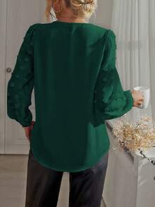 EMERY ROSE 女款夏季深綠色V領紋理襯衫，毛球透視上衣，綠色波點，秋季，優雅，辦公室，時尚休閒穿搭，商務海灘度假 - 墨綠色 - 查看 2