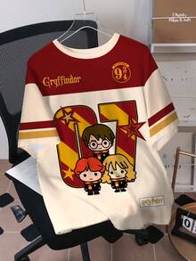 HARRY POTTER X SHEIN Áo thun nam cỡ lớn kiểu dáng rộng rãi, in hình hoạt hình và chữ số, phối màu tương phản, thích hợp mặc hàng ngày và đi làm, mùa hè. - trắng - Xem 1