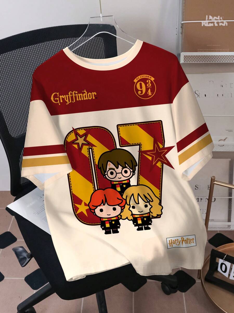 HARRY POTTER X SHEIN Áo thun nam cỡ lớn kiểu dáng rộng rãi, in hình hoạt hình và chữ số, phối màu tương phản, thích hợp mặc hàng ngày và đi làm, mùa hè. - trắng - Xem 1