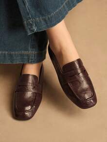 Rosivie 女士PU皮革休闲百搭乐福鞋，适合日常穿着 - 咖啡棕 - 查看 5