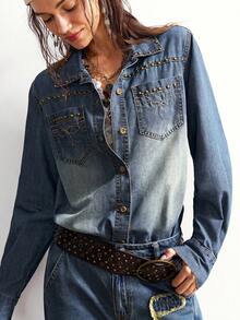 Bohemela 波西米亚风水钻装饰牛仔外套，女士高端休闲衬衫 - 藍色 - 查看 3