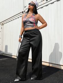 Jeanoix Pantalones anchos de cintura elástica con revestimiento de PU de moda casual Y2K para mujer de talla grande - Negro - Ver 3