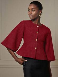 Aveloria Revavyn Elegante chaqueta tipo blazer retro de estilo francés para mujer con diseño de lujo y alta gama, cuello redondo, mangas abombadas, cintura ceñida y botones metálicos - Rojo - Ver 5