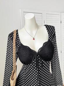 Comfortcana Đầm chữ A tay loe chấm bi đen trắng dáng rộng, cỡ lớn, chất liệu lưới, thích hợp cho mùa xuân/thu. - Đen và trắng - Xem 5