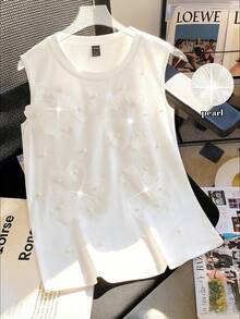 GlowEve 女士春夏针织弹力圆领无袖串珠3D花卉装饰奢华休闲优雅背心 - 白色 - 查看 1