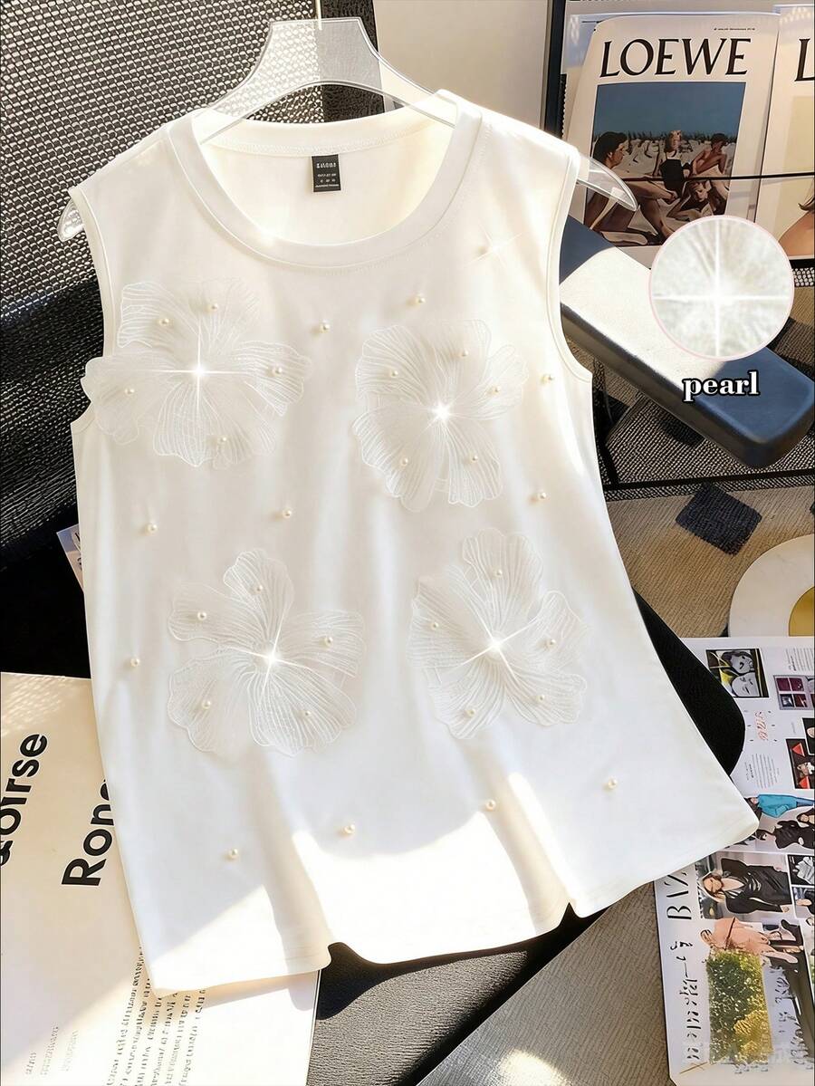 GlowEve 女士春夏针织弹力圆领无袖串珠3D花卉装饰奢华休闲优雅背心 - 白色 - 查看 1