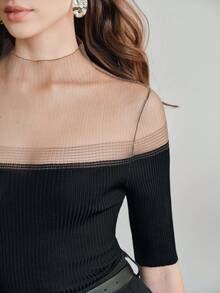 Anewsta 女士撞色修身针织渐变透视短袖上衣 透视上衣 女士黑色上衣 黑色透视上衣 黑色网纱上衣 - 黑色 - 查看 2