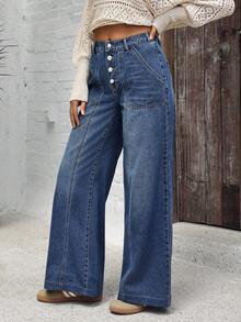 SHEIN Tall Jeans anchos de pierna ancha con bolsillos en diagonal y botones, de uso casual y para ir al trabajo, para mujer - Azul lavado oscuro - Ver 11