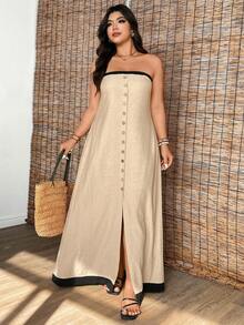 Elenzga Plus Size Faux Linen Texture Colorblock Sleeveless Open Front Wood Button Decor Maxi Dress, Elegant For Outing, Date, Party, Vacation - Khaki - View 5