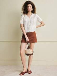 Écloséra French Retro Loose V-Neck Short Sleeve Knit Open Front Lacing Beaded Edge Beige Women's Spring/Summer Knit Top, Summer Tops Summer Outfits For Women Holiday Outfits For Women Casual Tops For Women White Top Eyelet Top Knit Tops Crochet Tops For Women Eyelet Tops For Women Women's White Top Women's Tops And Blouses Women's Tops For Summer Knit Tops For Women Blouses For Women Summer - Beige - View 3