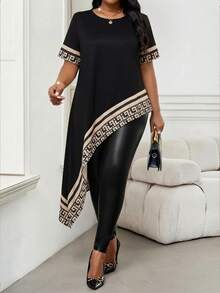 SHEIN Lady Camisa casual de manga corta con cuello redondo, estampado geométrico y bajo asimétrico para tallas grandes - Multicolor - Ver 7