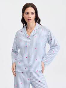 Loungeista 2pcs Women Loose Comfortable Breathable Long Sleeve Top And Long Pants Pajama Set, Cute Home Wear, Fall & Winter Clothes - Blue - View 6