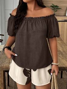 Weeklong Plus Size Casual Vacation Style Off Shoulder Short Sleeve Ruffle Hem Loose 2 Pieces Set - Multicolor - View 3