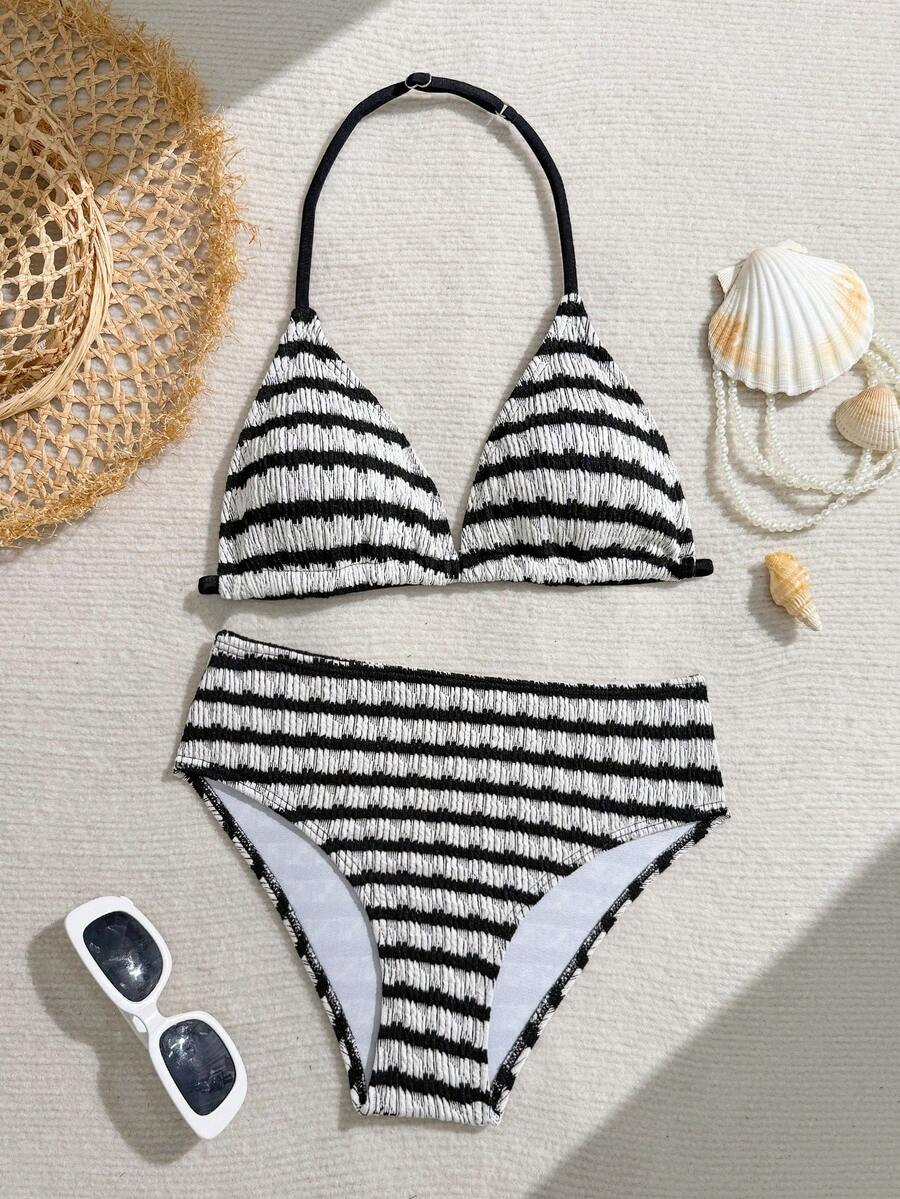 SHEIN Tween Girls Bikini Sets Swimsuit Set, Sweet And Spicy Vacation Style, Black And White Contrasting Stripes, Printed With Pleated Texture Fabric, Hanging Neck Two-Piece Bikini Swimsuit Set - Black and White - View 1
