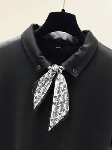 Franclia 女士简约休闲纯色Polo领围巾系带短袖T恤 情人节夏季上衣 女士休闲T恤 黑色T恤带围巾系带上衣 女士优雅蝴蝶结上衣 - 黑色 - 查看 5