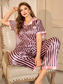 MuseNap CURVE Conjunto de pijama de mujer talla grande con cuello de solapa, manga corta y parches de rayas en seda sintética - Rosa - Ver 3