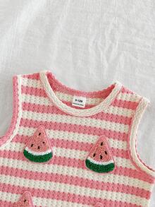 SHEIN Babygirls Summer Red Strawberry Print Outfit, Sleeveless Round Neck Top Paired With Matching Shorts, Sweet Style, Lightweight Design, Suitable For Outdoor Activities, Home Comfort, And Friendly Gatherings - Pink - View 7