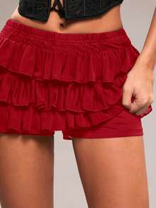 SHEIN BAE Women's Solid Color Elegant Mini Skirt, Suitable For Date Night, Nightclub, Girlfriend Gathering, Birthday Party, Holiday Party, Valentine's Day, Floral Sexy Lace Layered Ruffle Hem Mini Skirt/Tiered Ruffle Mini Skirt, Valentine's Day Mini Skirts, Party Women Skirt - Red - View 7