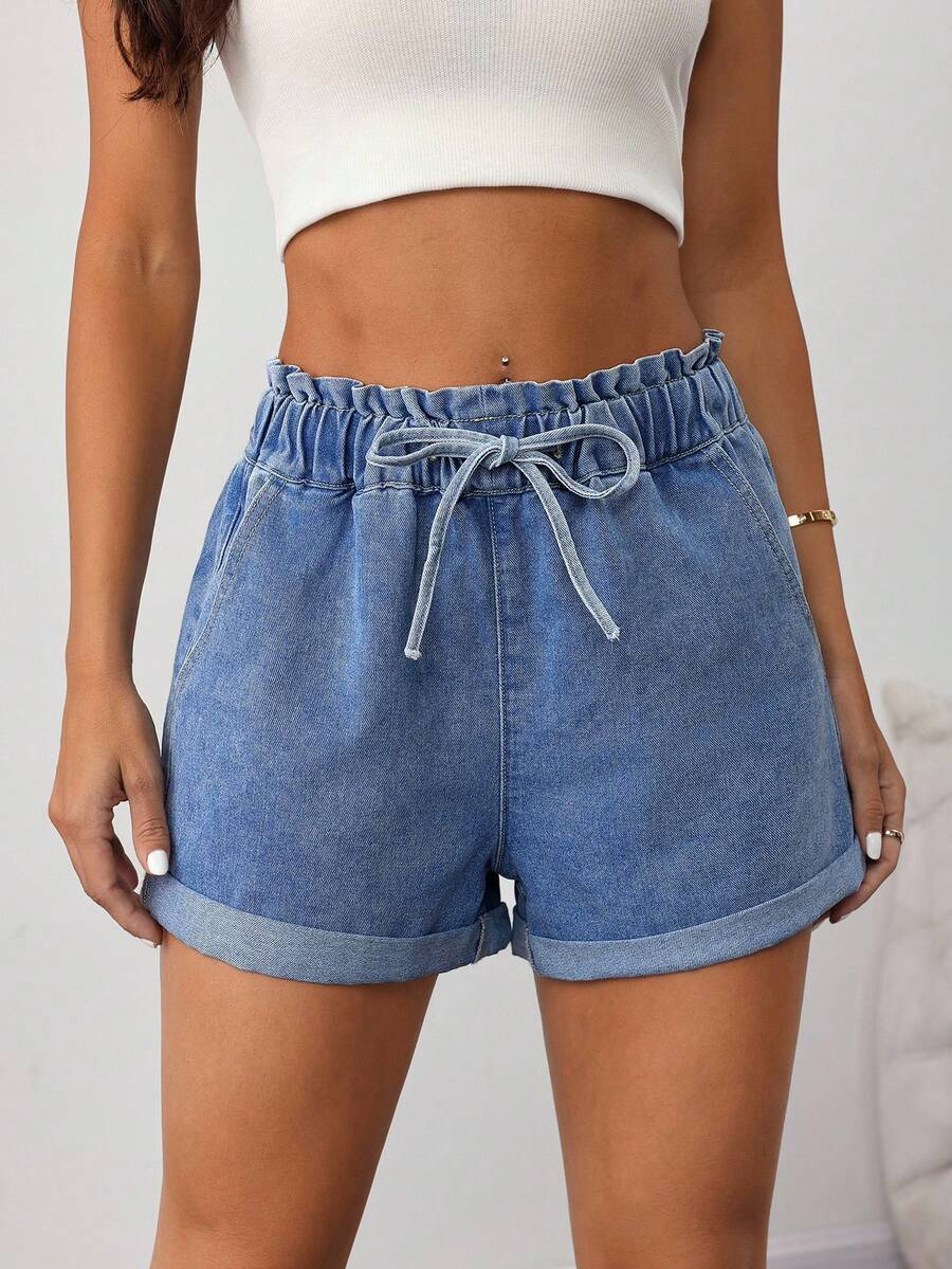 SHEIN Tall 女士弹力腰修身牛仔短裤，蓝色 - 中等水洗藍 - 查看 1