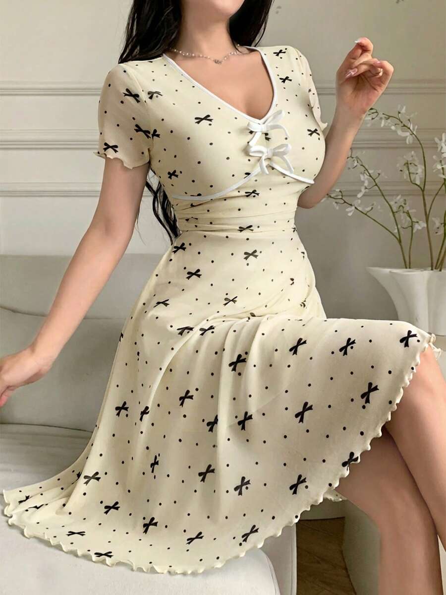 Feyla 女士休闲波点蝴蝶结印花收腰短连衣裙，夏季