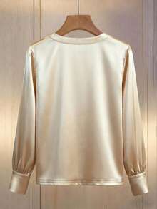Rafferiza Solid Color Satin Satin V-Neck Pearl-Embellished Long-Sleeved Blouse For Women, Fashionable, Simple, And Elegant. Suitable For Spring, Summer, Holiday, And Valentine's Day. Also Suitable For Parties, Elegant Women's Tops, And Vacation Wear. Features Include Shimmering Details, Elegant Blouses, And Vacation Attire. - Khaki - View 2