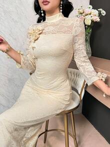 Feyla Vestido ajustado de longitud media con decoración de flores 3D de encaje de unicolor elegante para mujer - Amarillo - Ver 4