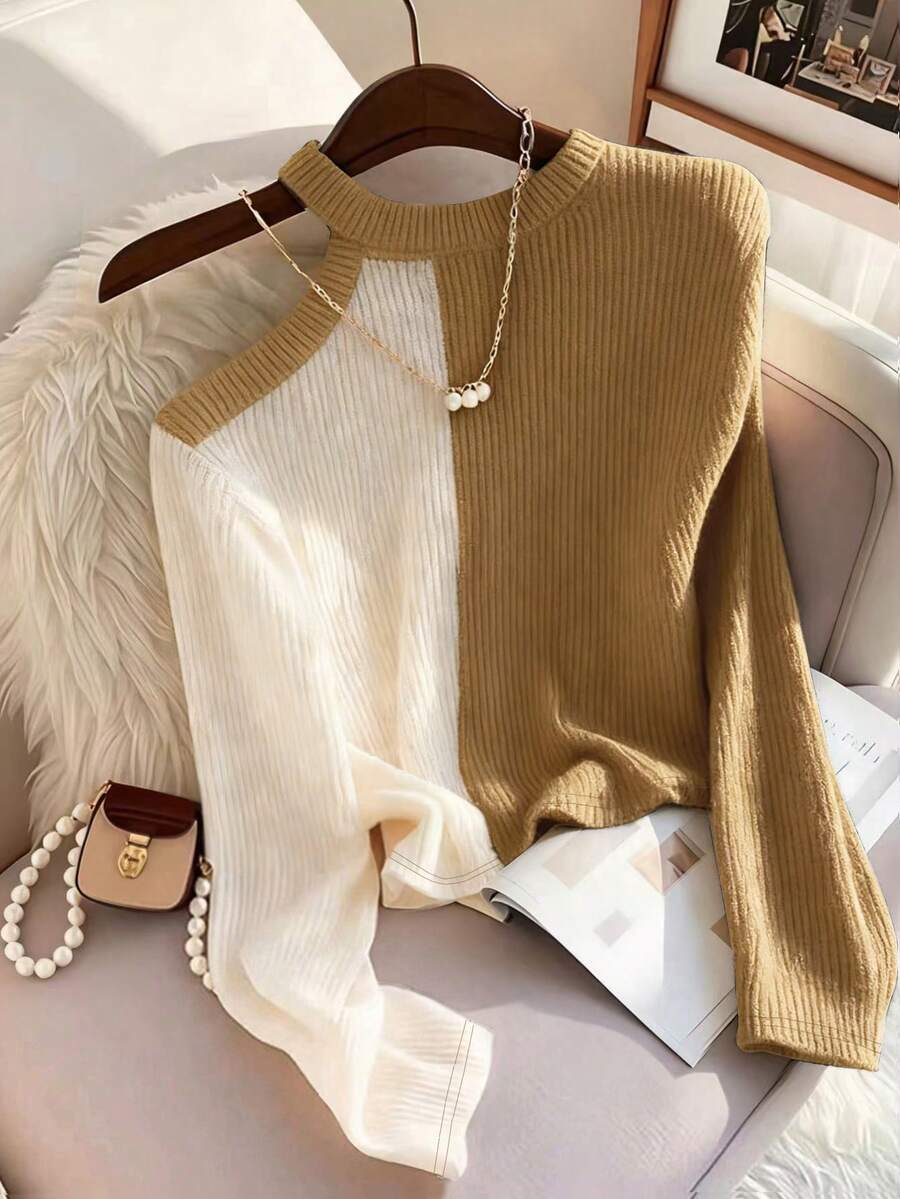 Franclia 女士撞色不对称肩部长袖T恤，罗纹针织上衣，春秋季 - 卡其色 - 查看 1